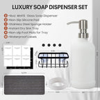 Kitchen Soap Dispenser Set with Instant Dry Tray & Sponge Holder,16 Oz Hand and Dish Soap White Glass Dispenser Set,Stainless Steel Pump,Waterproof Labels,Luxury Soap Bottle for Bathroom
