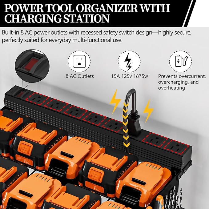 All-Metal Heavy-Duty Power Tool Organizer with Charging Station 8 AC Power Outlet Charging Station Tool Organizer 5 Layers + 5 Side Hooks Integrated Design Tool Organizers and Storage Practical