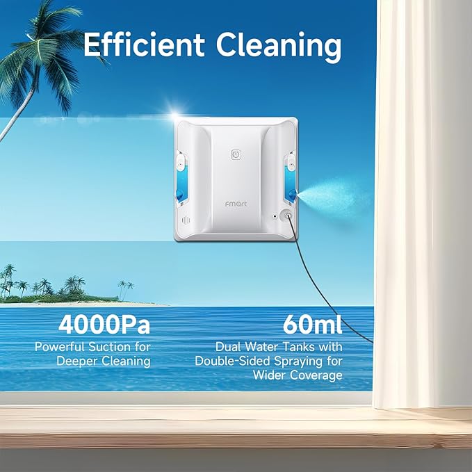 FMART W7 Window Cleaning Robot – Dual Nozzles Ultrasonic Spray, 4000Pa Suction, AI Path Planning, Edge Detection, Anti-Slip Safety, App Control Window Cleaner Robot for Indoor/Outdoor Glass & Tiles