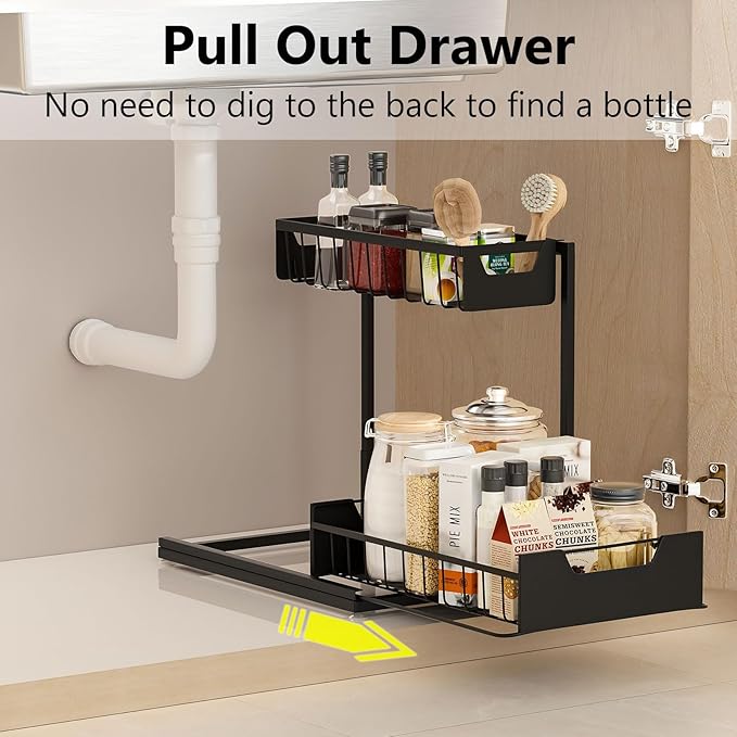 Under Kitchen Sink Organizers and Storage Pull Out 2 Tier Metal Bathroom Cabinet Organizer (Black, 1 Pack)