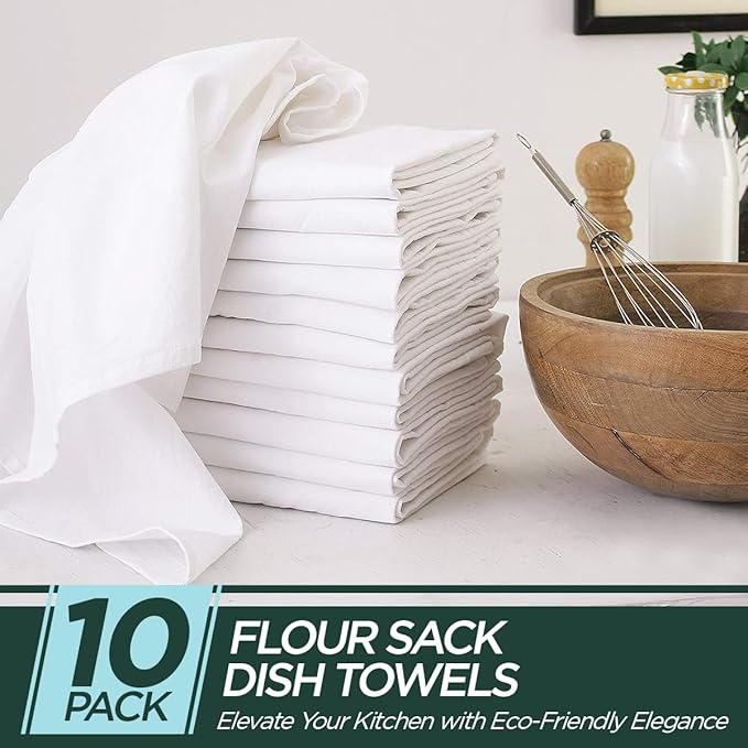Flour Sack Kitchen Towels |Organic Cotton Blank Towel| Tea Towel Crafting Embroidery|Flat Thick Absorbent Quick Dry | Baking Bread Proofing Breathable Linen Cloth Cover Set of 10, 28 x 28 Inch, White