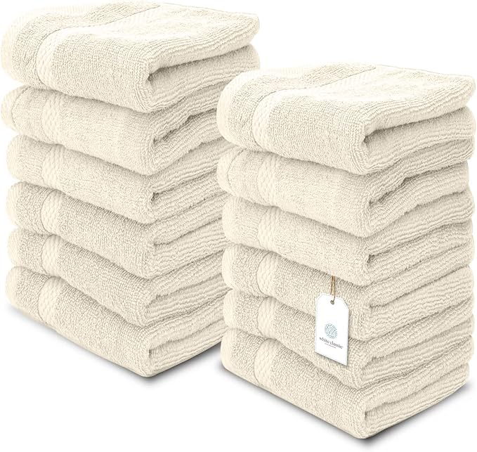 White Classic Luxury Cotton Washcloths 13x13 Inch - 650 GSM Turkish Cotton | Hotel, Spa, Bathroom Face Towel | 12 Pack, Ivory