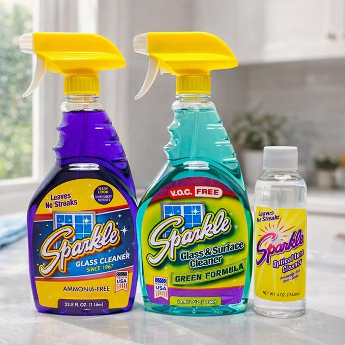 Sparkle Glass Cleaner 1 Spray Bottle 33.8 And 1 Refill 33.8, Ammonia-Free Original Formula Heavy Duty Glass Cleaner, Leaves No Streaks (67.6 Fl Oz,Pack of 3)
