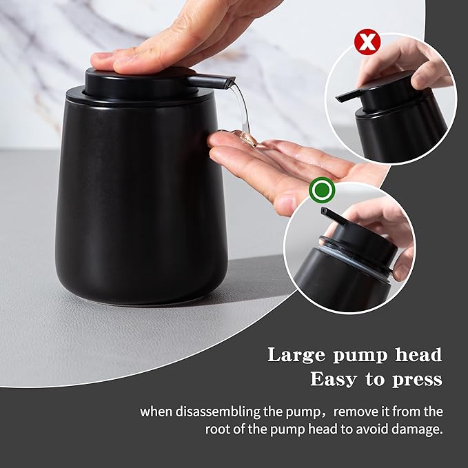 Enra Black Soap Dispenser,12 oz Ceramic Hand Lotion Dispenser, Refillable Dish Soap Dispenser,Modern Liquid Soap Dispenser for Bathroom,Kitchen with Easy-to-Press Pump(Black Liquid Type)