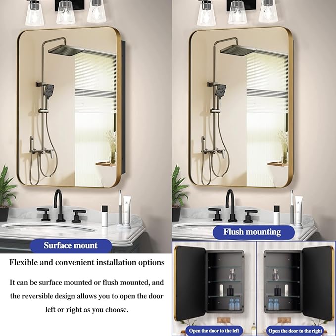 Bathroom Medicine Cabinet,16"x20" Mirror Door with Stainless Steel Brush Gold Frame,Recessed & Surface Wall Cabinet with Removable Glass Shelves,Rust-Resistant Bathroom Storage Cabinet