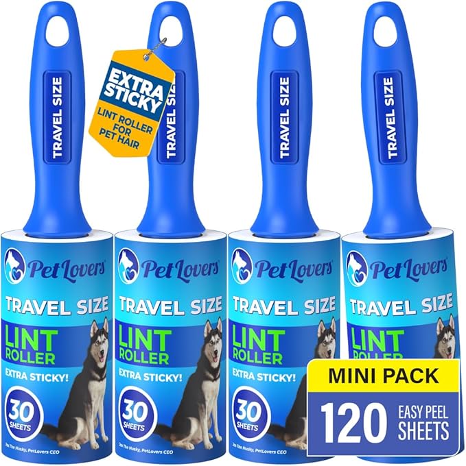 PetLovers Extra Sticky Lint Roller Mega Value Set for Pet Hair Removal and Clothes, Dog and Cat Lint Remover (Blue, 4 Pack Mini)