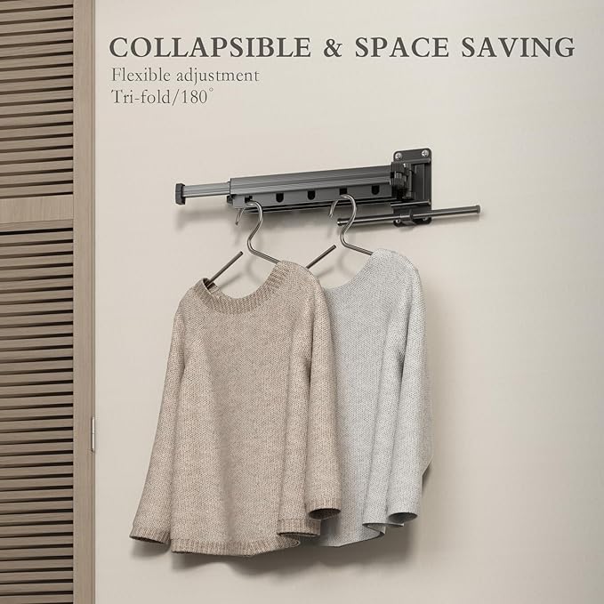 Clothes Drying Rack Wall Mounted Foldable Laundry Drying Rack Collapsible/Retractable Space Saving Laundry Hanger Dryer Rack with Additional Bar-Matte Gray