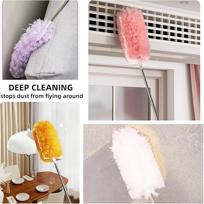 Heavy Duty Duster Refills, Disposable Dusters Kit for Cleaning Dusting Furniture Blind Ceiling Fan, Multi Surface 360 Feather Duster(10)+3FT Extended Handle（1） (Pink)
