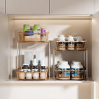 Delamu 2 Sets of 2-Tier Clear Under Sink Organizers and Storage, Multi-Purpose Stackable Bathroom Cabinet Organizers, Amber