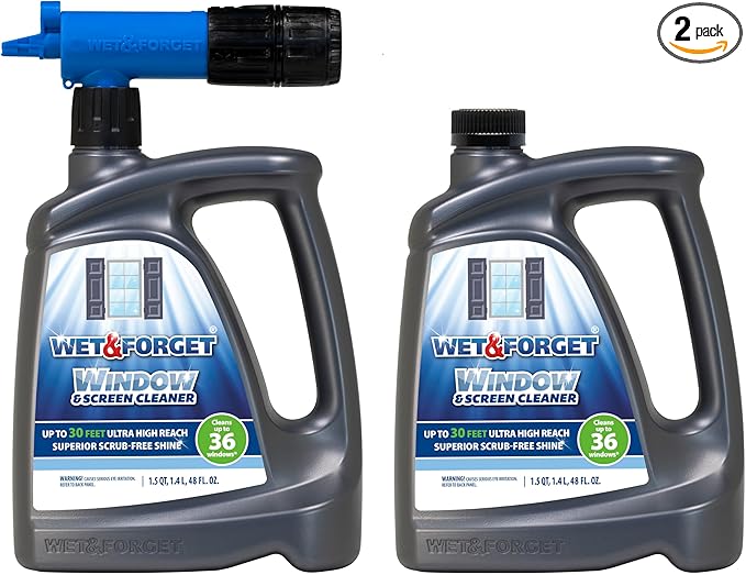 Wet & Forget Window & Screen Cleaner – Outdoor Window Cleaner Spray & Hose Attachment; No Scrubbing, Superior Scrub-Free Shine for Windows & Screens; 48oz (Pack of 2)