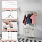Laundry Sorter 4 Sections,Laundry Basket Organizer with Double Hanging Bars,Laundry Sorter Cart with Hanging Clothes Rack for Laundry Room for Bedroom Laundry Room Clothing Storage, White