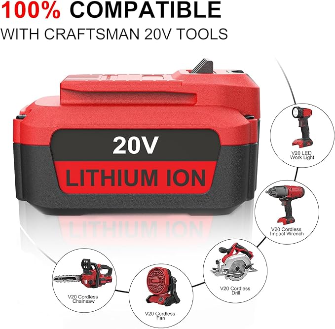 2Pack 20V 6.0Ah Lithium Battery Replacement for Craftsman CMCB202 CMCB204 CMCB0206 and CMCB104 Charger Replacement for Craftsman Compatible with V20 Tools
