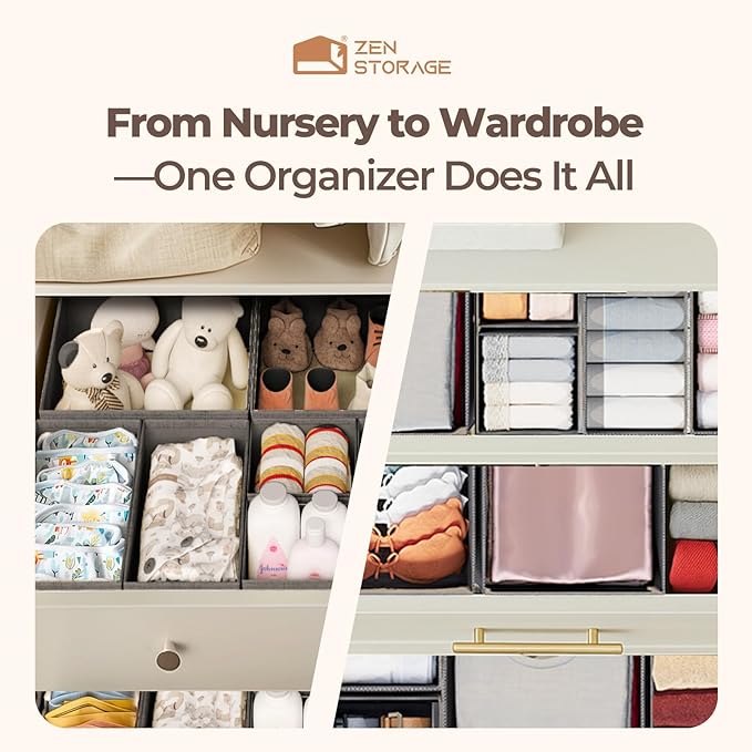 Sturdy Drawer Organizers (12-Pack) - Fabric Dresser Drawer Organizers & Dividers for Nursery Organization, Baby Organizers and Storage for Clothes, Socks & Underwear, Grey