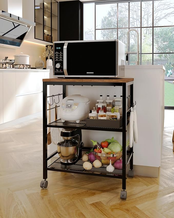Kitchen Rolling Cart with Storage, 3 Tier Microwave Stand on Lockable Wheels, Small Utility Cart, Coffee bar&Tea Table, Organizer Shelves for Kitchen, Office, Living Room