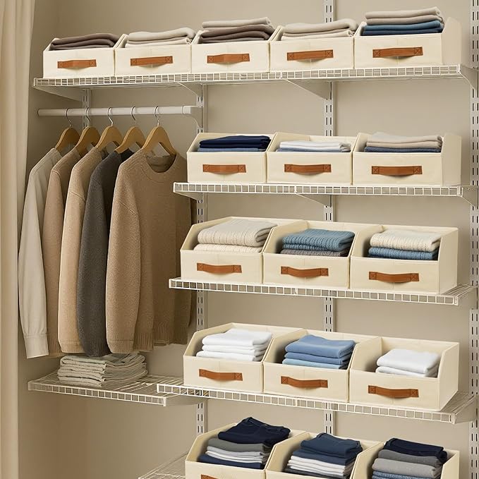 Fabric Storage Bins for Organizing - 4 Pack Large Trapezoid Collapsible Storage Bins with Front Handle, Closet Organizers and Storage for Bedroom, Home Shelves, Small Spaces, Beige