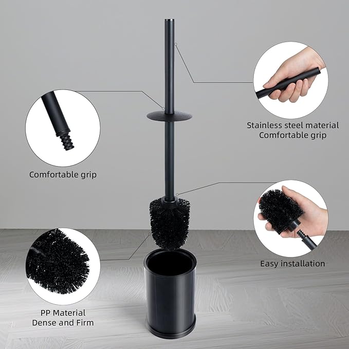 Toilet Bowl Brush and Holder Long Handle Toilet Brush for Bathroom Toilet Scrubbing Brush with Stainless Steel Base for Domestic Deep Cleaning Under Rims (Black 1)