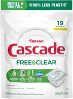 Cascade Free & Clear Dishwasher Pods, Dishwasher Detergent, Dish Detergent Soap, Lemon Essence, 19 Count