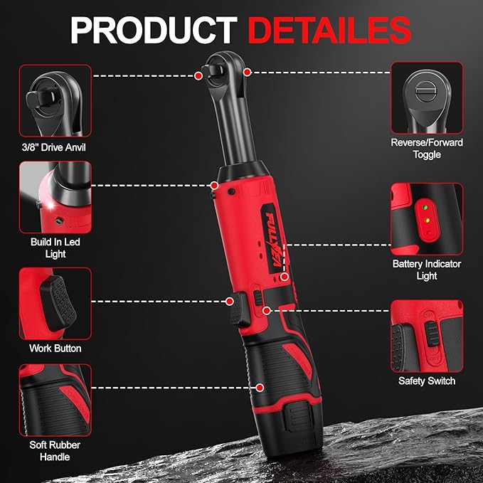 Electric Ratchet Wrench Set,12V Cordless Ratchet Wrench 3/8", 400 RPM Power Ratchet Tool Kit with LED Light, 7 Sockets, 1/4" adapter, 2 Packs 2000mAh Lithium-Ion Battery and Fast Charger