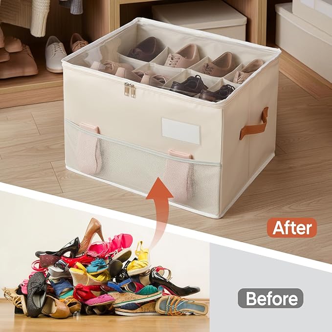 Shoe Organizer for Closet, Foldable Shoe Storage Organizer Containers with Clear Cover, Space Saving Shoes Holder with Handles, Beige (2, L)