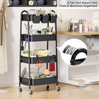 4 Tier Black Metal Rolling Cart with Lockable Wheels and Cups, Four Tiered Utility Storage Organizer on Wheels for Bathroom, Kitchen, Laundry, Garage, Office, Craft, Art, Baby Diaper, Snacks, Books