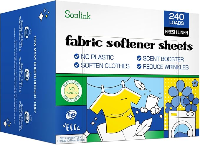 Soulink Fabric Softener Sheets for Washing Machine, No Plastic Jug Soap Strips, Alternative to Fabric Softener Liquid and Pods, Fresh Linen Scent, Up to 240 Loads