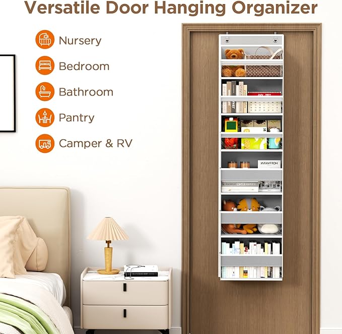 Over The Door Organizer, 6 Shelf Door Organizer Hanging with 6 Large Capacity Pockets, Over The Door Storage Hanging Shelves for Closet Wall Bathroom Closet Bedroom Nursery