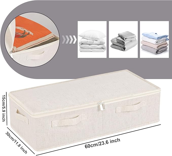 Underbed Storage Container, Foldable Under Bed Bins, Wardrobe Organisers with Lid for Organizing Clothes, Sheets, Blankets, Comforter, 23.6x11.8x5.9in, Beige, 2 Pack