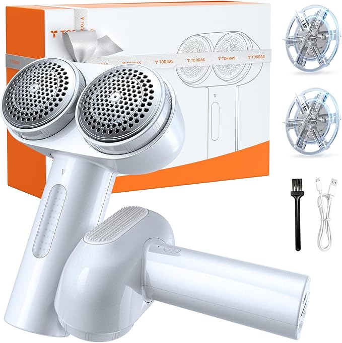 TORRAS Dual-Head Fabric Shaver, Longest Durability & 50ml Large Capacity Rechargeable Lint Removers to Remove Pills, 6-Leaf Blades Defuzzer, Electric Shaver for Clothes Couch Furniture, Pearl White