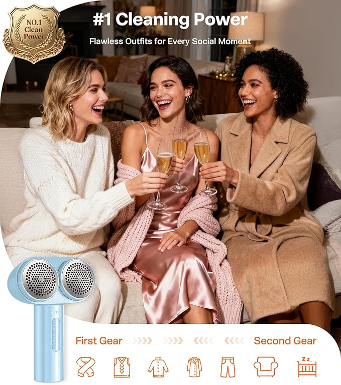 TORRAS Dual-Head Fabric Shaver, Longest Durability & 50ml Large Capacity Rechargeable Lint Removers to Remove Pills, 6-Leaf Blades Defuzzer, Electric Shaver for Clothes Couch Furniture, Blue