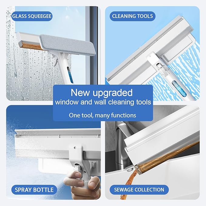 3 in 1 Window Cleaning Squeegee.Includes 9.6 inch Window Rubber Squeegee, Window Cleaning Tools,Cleaning Spray Bottle.37.8-51 inch Extension Rod.for Cleaning Windows, Bathroom Glass,Tile Walls