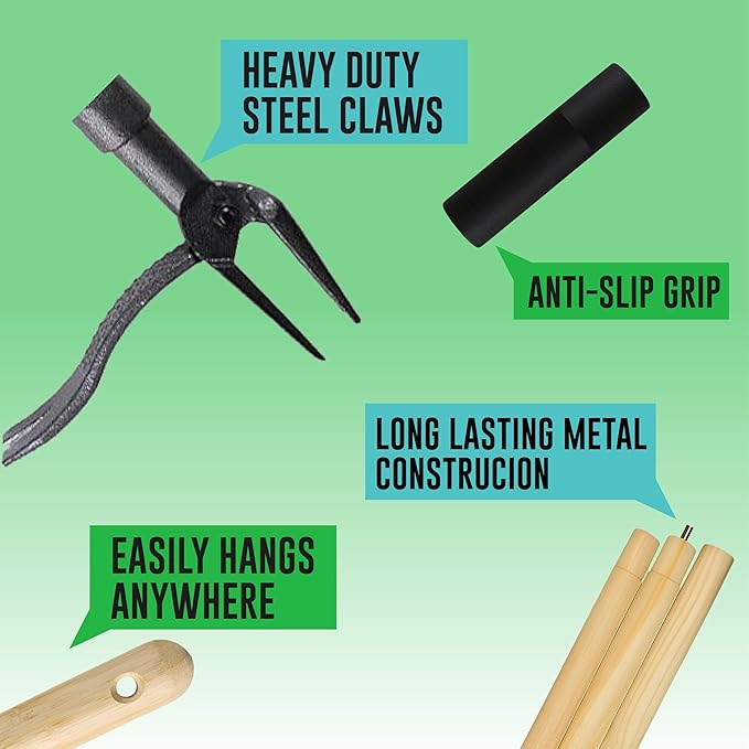 Weed Puller Tool, Stand Up Heavy Duty Weed Remover with Long Bamboo Handle, 4 Claw Steel Head Garden Weeding Tool, Crabgrass & Root Puller for Easy Lawn Weed Removal Without Bending or Kneeling.