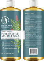 Dr. Jacobs Naturals Peppermint Castile All-in-One Cleaner and Soap - Plant-Based Formula for House Cleaning Floors and Appliances - Gentle on Skin and the Planet - 32 oz, 2 Pack