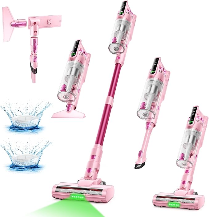 Cordless Vacuum Cleaner with Self-Standing, 50 mins Runtime Lightweight Vacuum Cleaner with Powerful Suction, Anti-Tangle Cordless Vacuum Versatile for Hard Floor/Carpet/Pet Hair,Pink