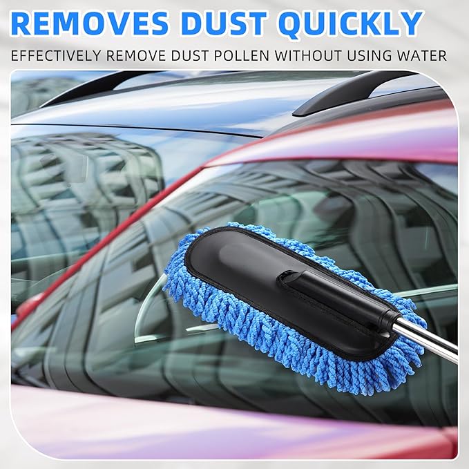 Tanlade 2 Pack Microfiber Car Duster Exterior Scratch Free with Extendable Handle Soft Car Duster Kit for Cleaning Dust Brush Set for Exterior Interior Cleaning Tools (Blue)