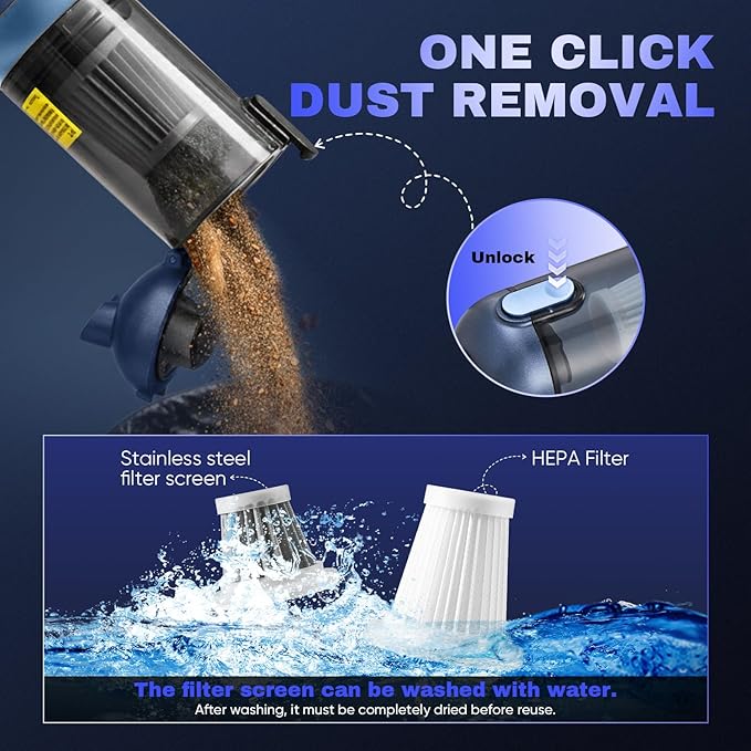 Saker Car Vacuum Portable Cordless 20000Pa Suction Power 4 in 1 Handheld Vacuum with LED Light Type-C Portable Mini Vacuums for Car, Home, Office, Pet HL157 Blue