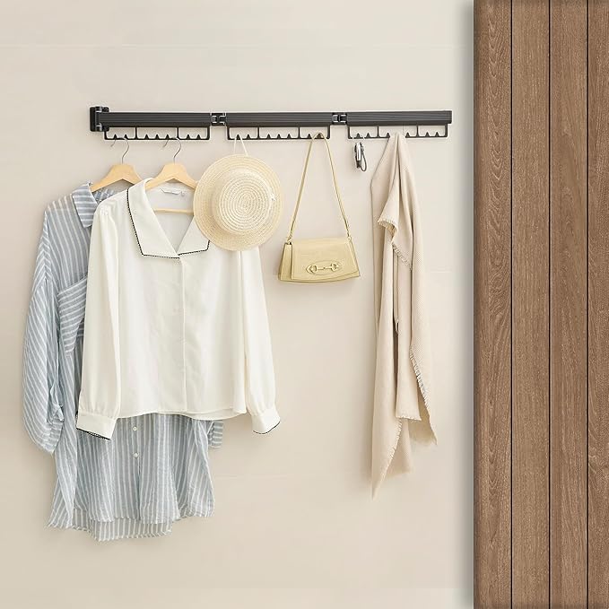 Drying Rack Clothing, Clothes Drying Rack Suitable for Laundry Room and Indoor as Outdoor, with Foldable Features, Wall Mounted Drying Rack, Retractable Clothesline with 30 Windproof Hooks (Black)