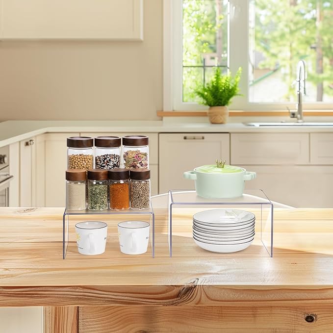 Acrylic Clear Kitchen Rack for Dishes, Spices Jars and Mugs, Kitchen Counter Cabinet Organizer, Clear Spice Rack Shelves, 5mm Thick, 2 Pack