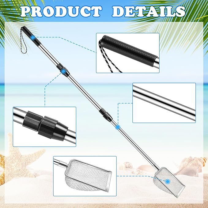 POILKMNI New Upgraded 2 Pcs Shark Tooth Sifter with Seashell Bags, Beach Sand Sifter, Sand Scoop Shell Scooper for Beach Scoop Shovel Sifter Tool for Picking Up Shells, Shark Tooth Sifter Dipper