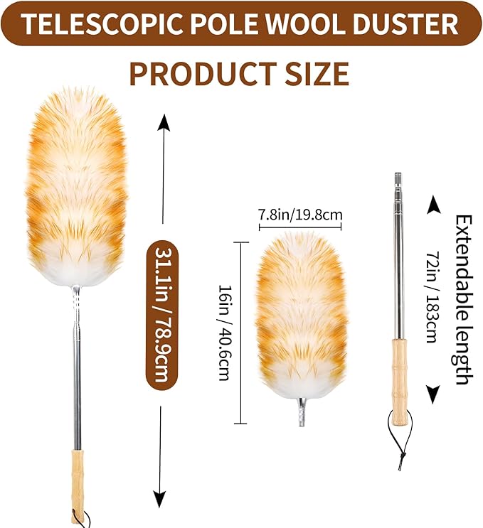 Lambswool Duster for Cleaning with Solid Wooden Handle Leather Hang Strap 87.8" Removable Retractable Feather Duster for Cleaning Ceiling Fans Window Blinds Interior Roof Furniture(2 Pack)
