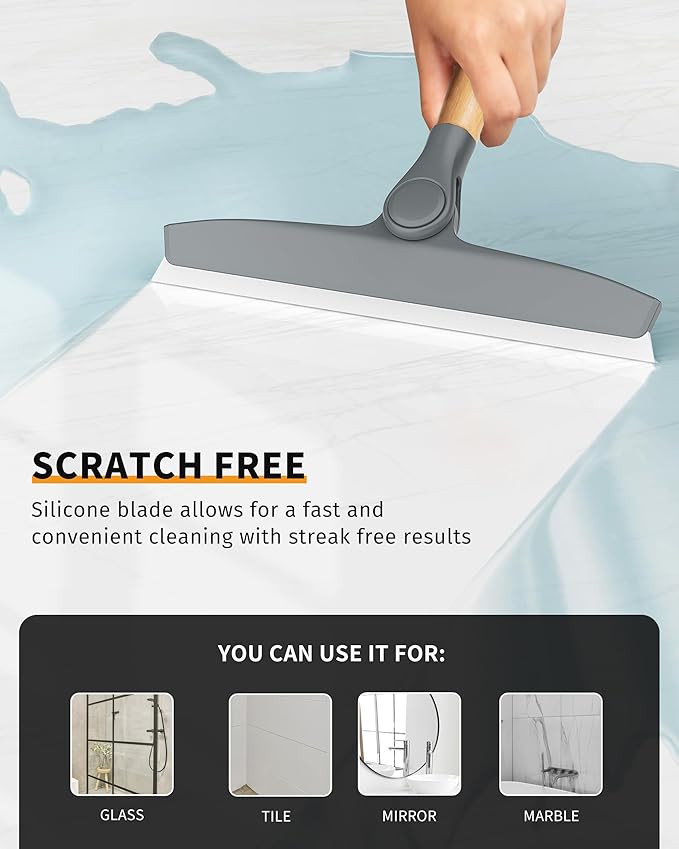 MR.SIGA All Purpose Silicone Squeegee for Shower Door, Mirror, Glass, Streak Free Shower Squeegee, Pivoting Bamboo Handle, Includes 1 Suction Hook, 10 inch Wide, Gray, 1 Pack