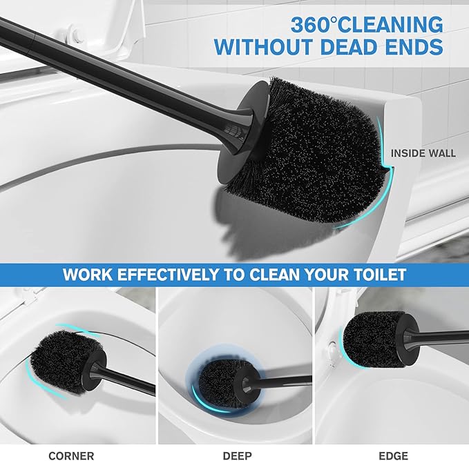 Toilet Brush 2 Pack, Toilet Bowl Brush with Ventilated Holder and Ergonomic Long Handle, Durable Bristles Toilet Scrubber Set for Bathroom Cleaning(Black)