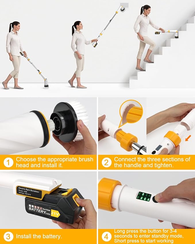 1200 RPM Powerful Electric Spin Scrubber with 8 Cleaning Brush, 2 Battery Cordless Shower Scrubber with 3 Speeds Display & 50inch Retractable Handle, IPX7 Waterproof Power Scrubbers for Deep Cleaning