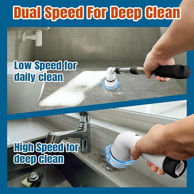 Electric Spin Scrubber, Cordless Cleaning Brush Scrubbe with Adjustable Handle and 8 Brush Heads,Two Speeds up to 450 RPM for Bathroom, Floor, and Sink Cleaning(Black)