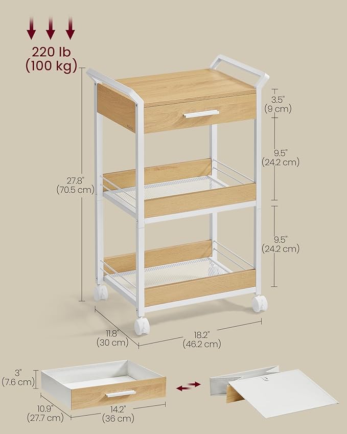 VASAGLE Storage Cart, 3-Tier Rolling Utility Cart with Table Top, Handles, 4 Lockable Casters, Top Drawer, Mesh Shelves, for Kitchen, Bathroom, Bedroom, Golden Oak and Cloud White ULRC048N01