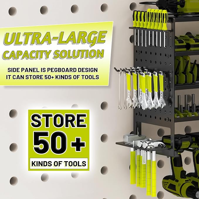 5 Layers Power Tool Organizer Wall Mount, Metal Cordless Tool Hanger Storage Rack Holder with 8 Drill Holders, Heavy Duty Garage Wall Tool Shelf for Workshop Tool Room Shed Pegboard Black
