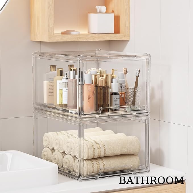 3 Pack Large Stackable Storage Drawers, Clear Plastic Drawer Organizer, Under Sink Cabinet Drawers, Pantry Organizers and Storage Drawer for Makeup, Bathroom, Kitchen, Office