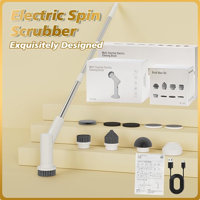 Electric Spin Scrubber, Battery 2.5H with Extra-Long Runtime, 10 Brush Heads, IPX7 Waterproof Power Shower Scrubber with Long Handle, 2 Speeds Cordless Cleaning Brush for Bathroom Bathtub