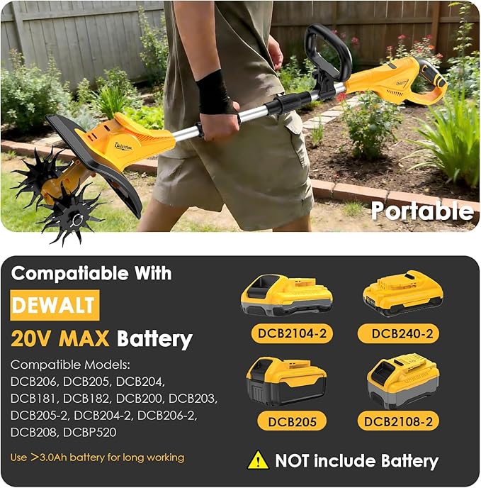 Cordless Tiller Cultivator for DEWALT 20V MAX Battery (Tool Only), 310RPM Electric Rototiller Garden Tool with 40 Steel Tines, 9.1In Tilling Width & 6.3In Depth Tiller for Gardening, Folding Design
