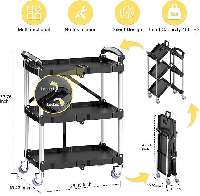 Foldable Rolling Cart, 3 Tier Folding Utility Service Carts with Wheels Lockable Handles for Women No Assembly Storage School Restaurant Warehouse Garage 180LBS Capacity