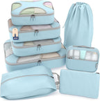 Shacke Premium 8 Packing Cubes Set - Lightweight Mesh Travel Luggage Organizers with Laundry Bag, 8-Piece Suitcase Storage System (Sky Blue)